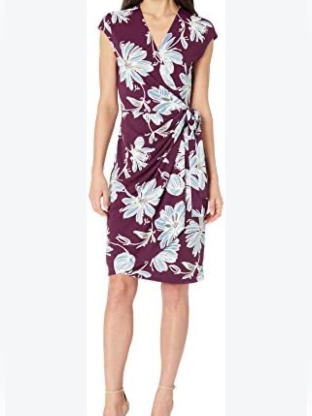Lark & Ro Plum Floral Wrap Cap Sleeve Midi Dress